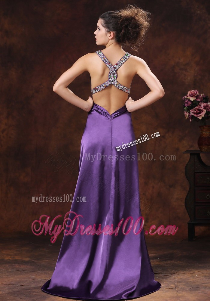 High Slit V-neck Beaded Decorate Shoulder Purple Evening Dress