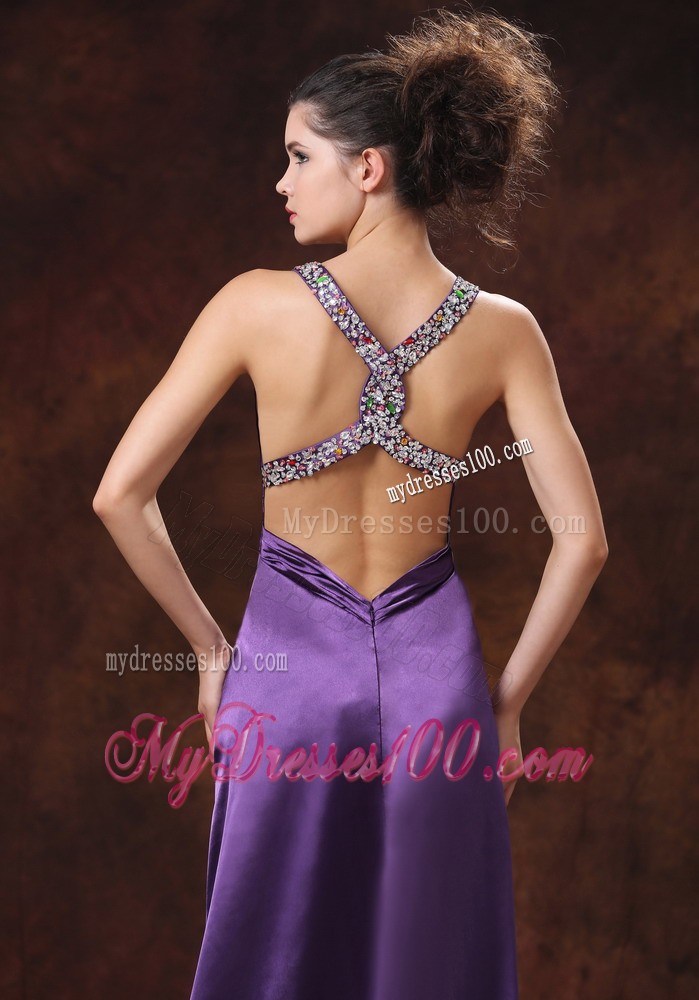 High Slit V-neck Beaded Decorate Shoulder Purple Evening Dress