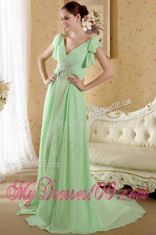 Apple Green Empire V-neck Short Sleeves Court Train Chiffon Beading and Ruch Prom / Graduation Dress