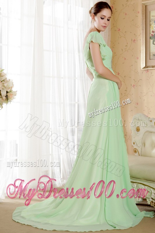 Apple Green V-neck Short Sleeves Court Train Beading Evening Dress