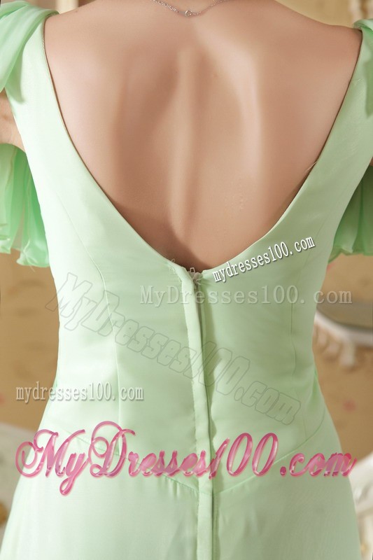 Apple Green Empire V-neck Short Sleeves Court Train Chiffon Beading and Ruch Prom / Graduation Dress