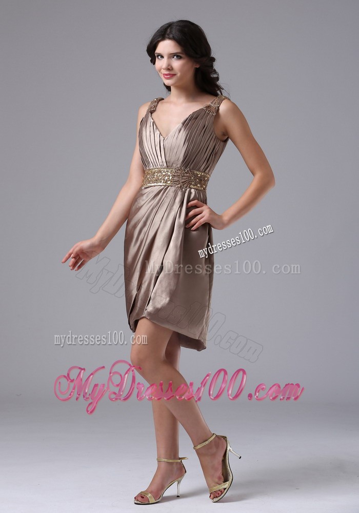 V-neck Beaded Decorate Waist Column Short Prom Dress in Brown