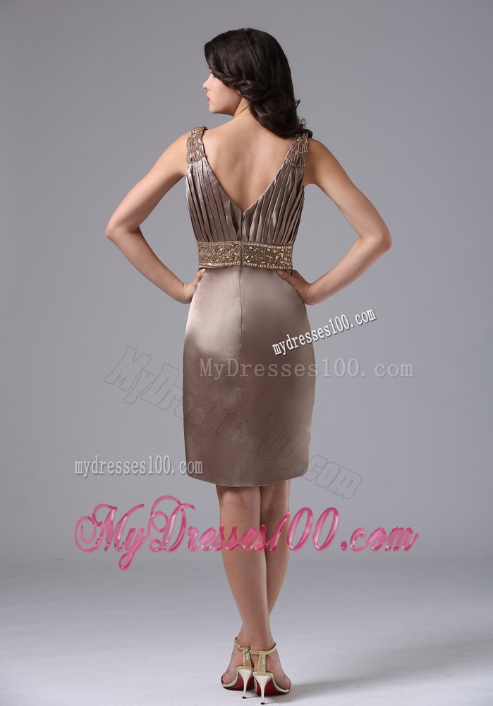 V-neck Beaded Decorate Waist Column Short Prom Dress in Brown