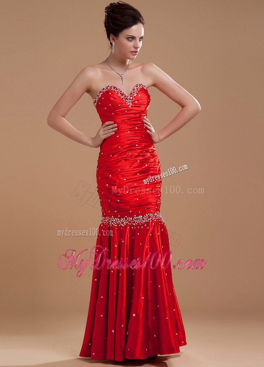 Wine Red Prom / Evening Dress With Beaded Sweetheart Floor-length Taffeta Column