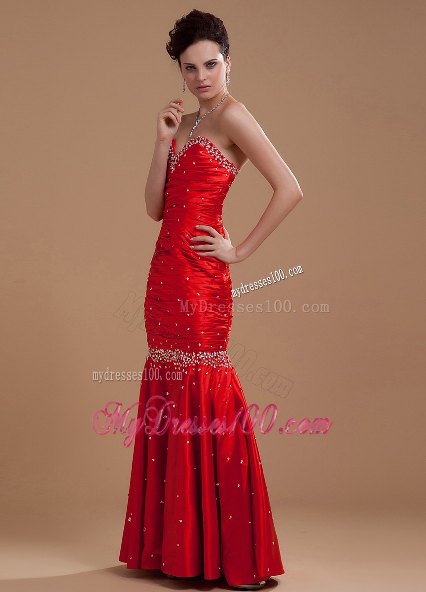 Wine Red Prom / Evening Dress With Beaded Sweetheart Floor-length Taffeta Column