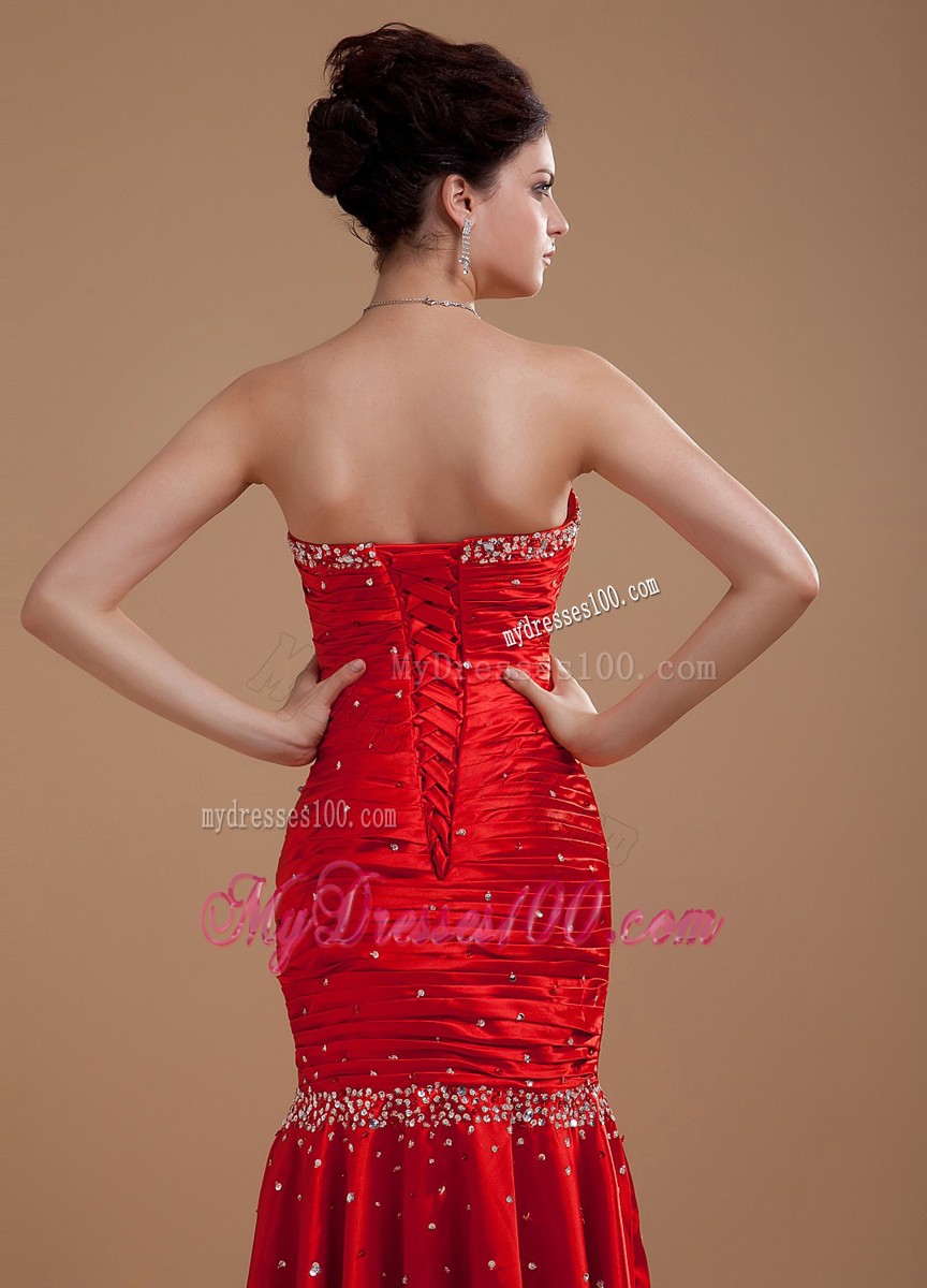 Wine Red Prom / Evening Dress With Beaded Sweetheart Floor-length Taffeta Column