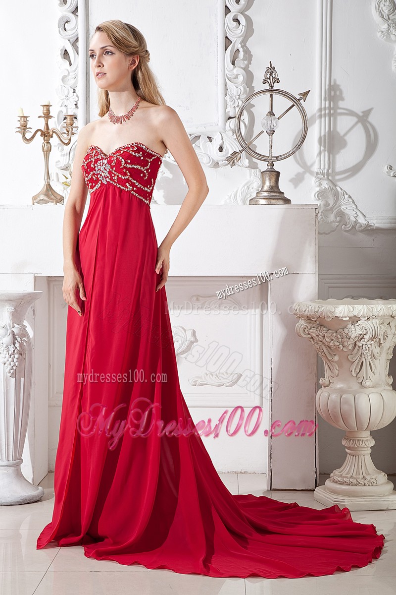 Wine Red Empire Sweetheart Beading Prom Dress Court Train Chiffon