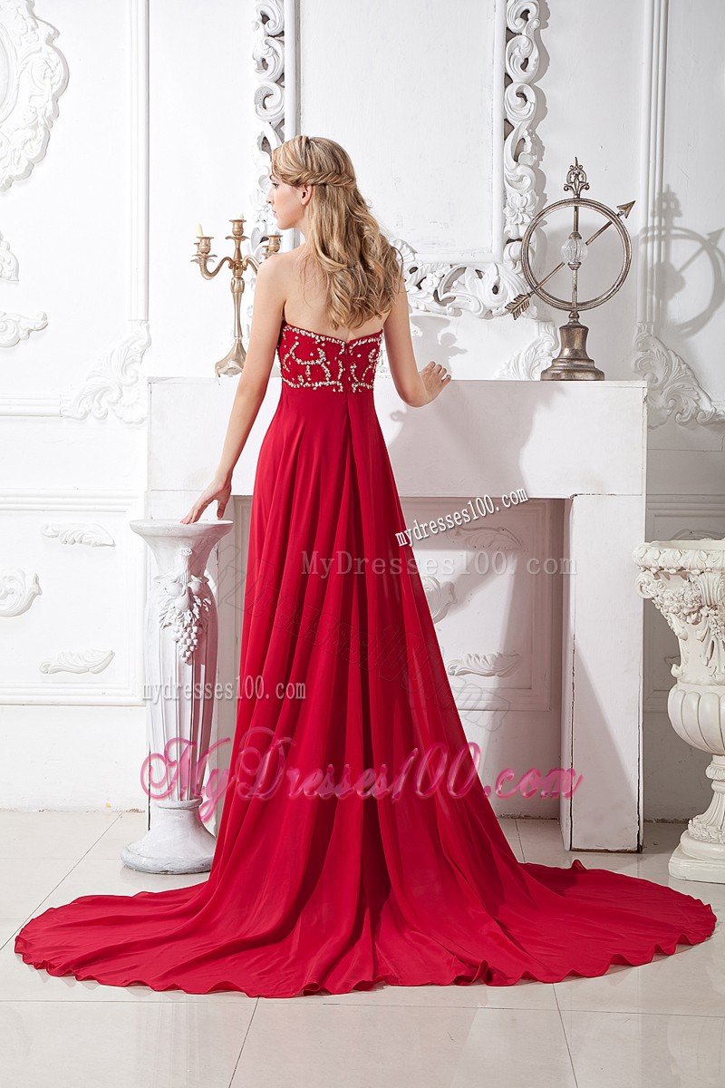 Wine Red Empire Sweetheart Beading Prom Dress Court Train Chiffon