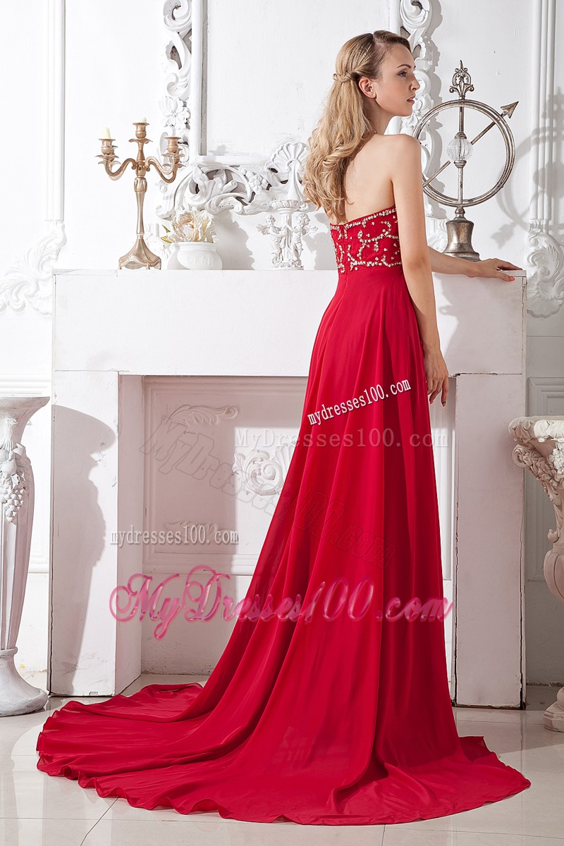 Wine Red Empire Sweetheart Beading Prom Dress Court Train Chiffon