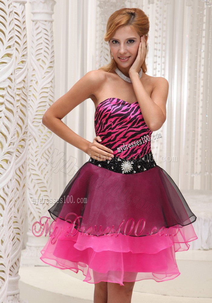 Hot Pink and Black Zebra Beaded Decorate Waist Short Evening Dress