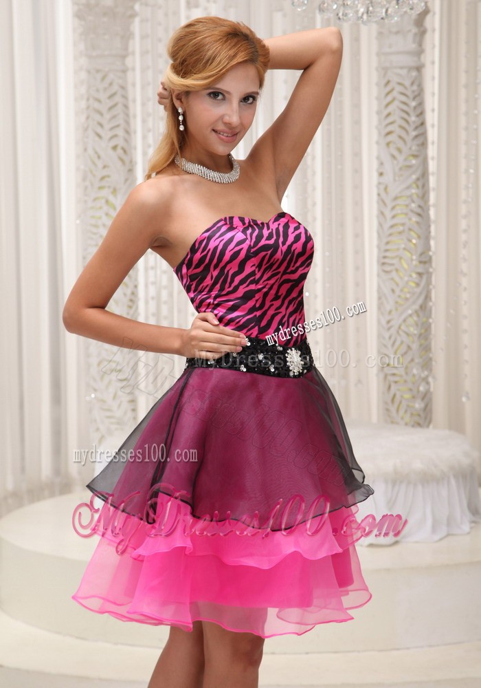 Hot Pink and Black Zebra Beaded Decorate Waist Short Evening Dress