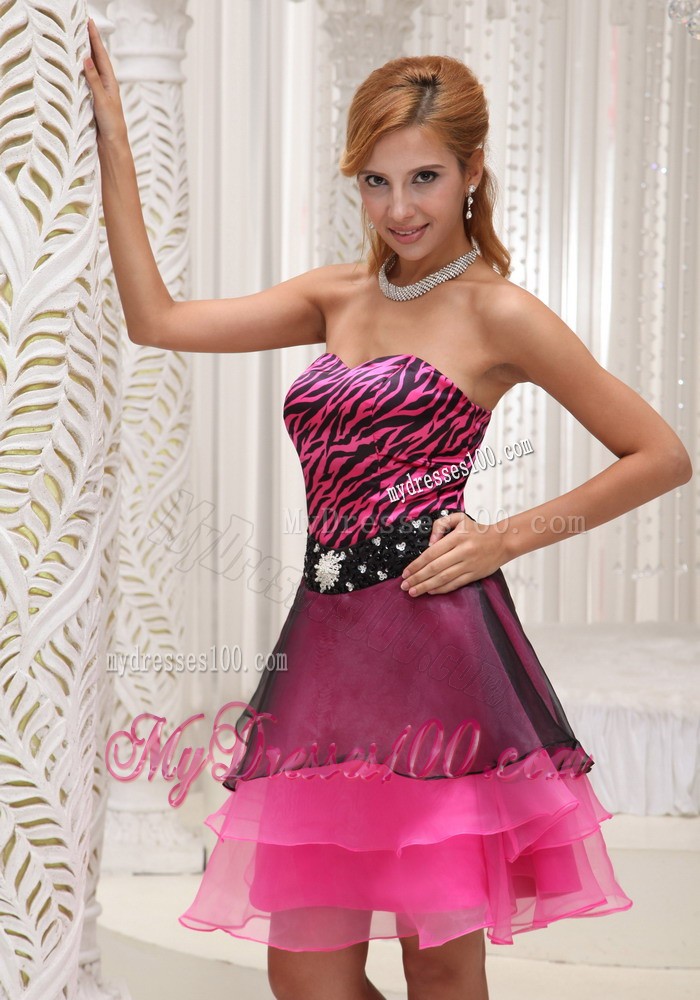 Hot Pink and Black Zebra Beaded Decorate Waist Short Evening Dress