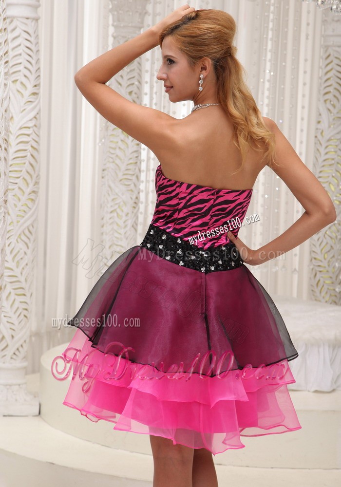Hot Pink and Black Zebra Beaded Decorate Waist Short Evening Dress