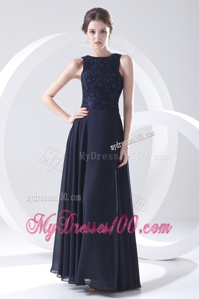 2016 Navy Blue Bateau Black Empire Chiffon Evening Dress with Lace
