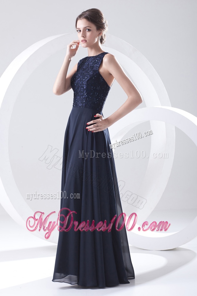2016 Navy Blue Bateau Black Empire Chiffon Evening Dress with Lace