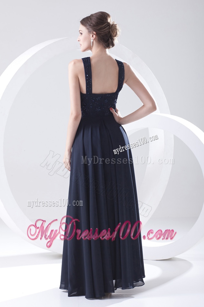 2016 Navy Blue Bateau Black Empire Chiffon Evening Dress with Lace