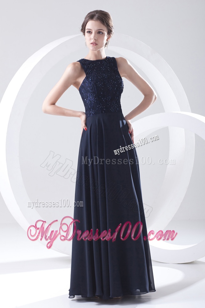 2016 Navy Blue Bateau Black Empire Chiffon Evening Dress with Lace