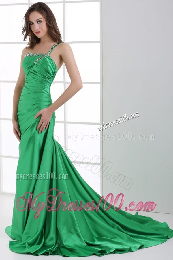 A-line Green One Shoulder Beaded and Ruched Sweep Train Evening Dress