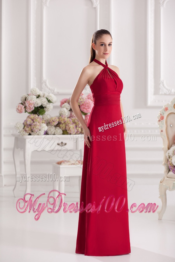 A-line Halter Top Floor-length Ruching Satin Evening Dress