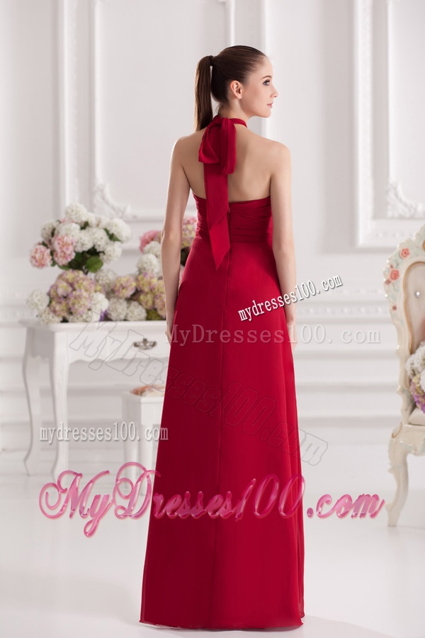 A-line Halter Top Floor-length Ruching Satin Evening Dress