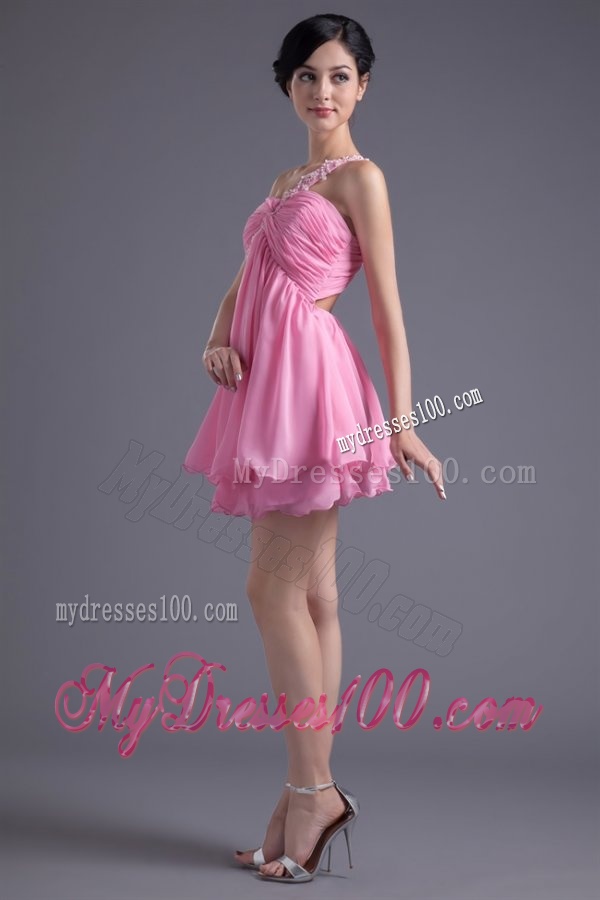 A-line One Shoulder Mini-length Pink Chiffon Ruching Evening Dress with Criss Cross