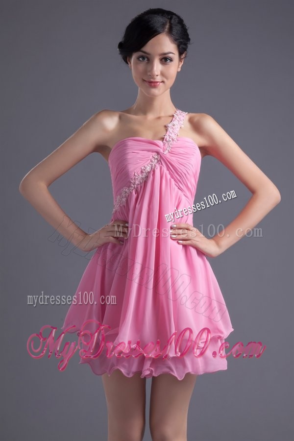 A-line One Shoulder Mini-length Pink Chiffon Ruching Evening Dress with Criss Cross