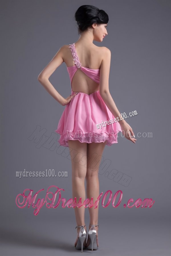 A-line One Shoulder Mini-length Pink Chiffon Ruching Evening Dress with Criss Cross