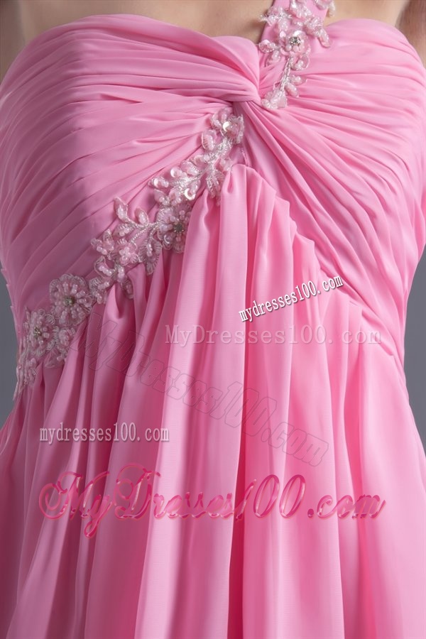A-line One Shoulder Mini-length Pink Chiffon Ruching Evening Dress with Criss Cross