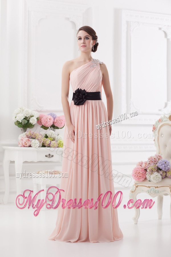 Baby Pink Empire One Shoulder Evening Dress with Ruching and Handle Made Flower