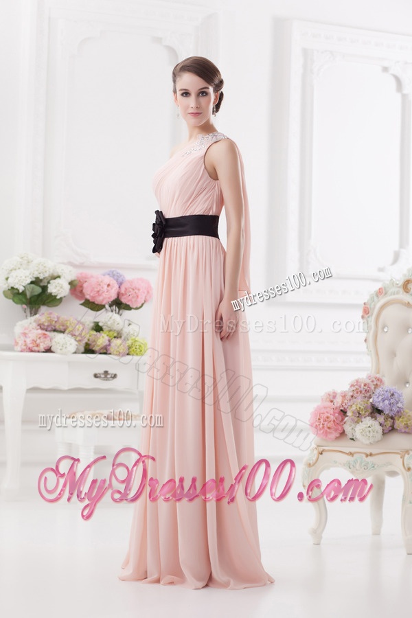 Baby Pink Empire One Shoulder Evening Dress with Ruching and Handle Made Flower