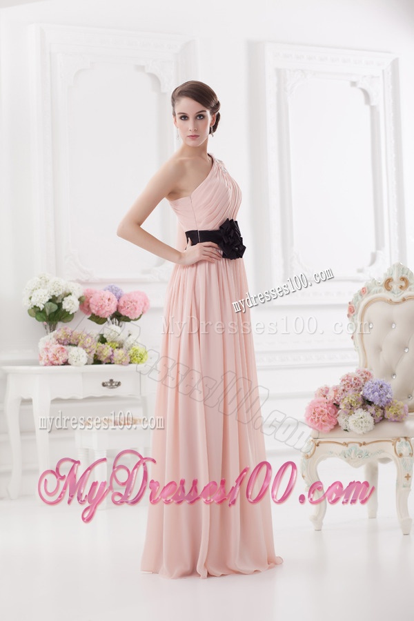 Baby Pink Empire One Shoulder Evening Dress with Ruching and Handle Made Flower