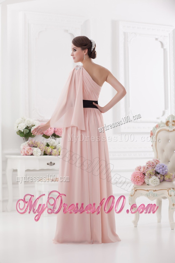 Baby Pink Empire One Shoulder Evening Dress with Ruching and Handle Made Flower