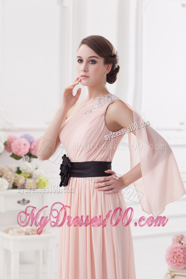 Baby Pink Empire One Shoulder Evening Dress with Ruching and Handle Made Flower