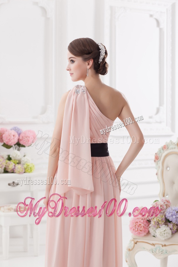Baby Pink Empire One Shoulder Evening Dress with Ruching and Handle Made Flower