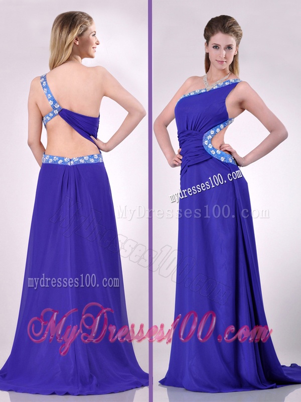 Beautiful Brush Train One Shoulder Evening Dress with Criss Cross
