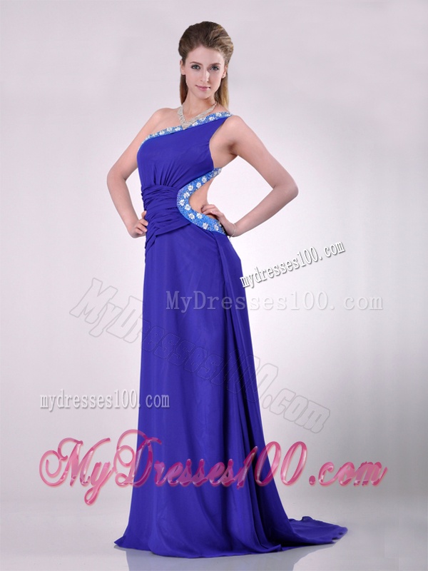 Beautiful Brush Train One Shoulder Evening Dress with Criss Cross