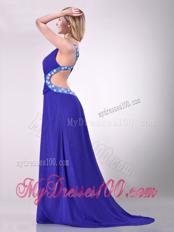 Beautiful Brush Train One Shoulder Evening Dress with Criss Cross