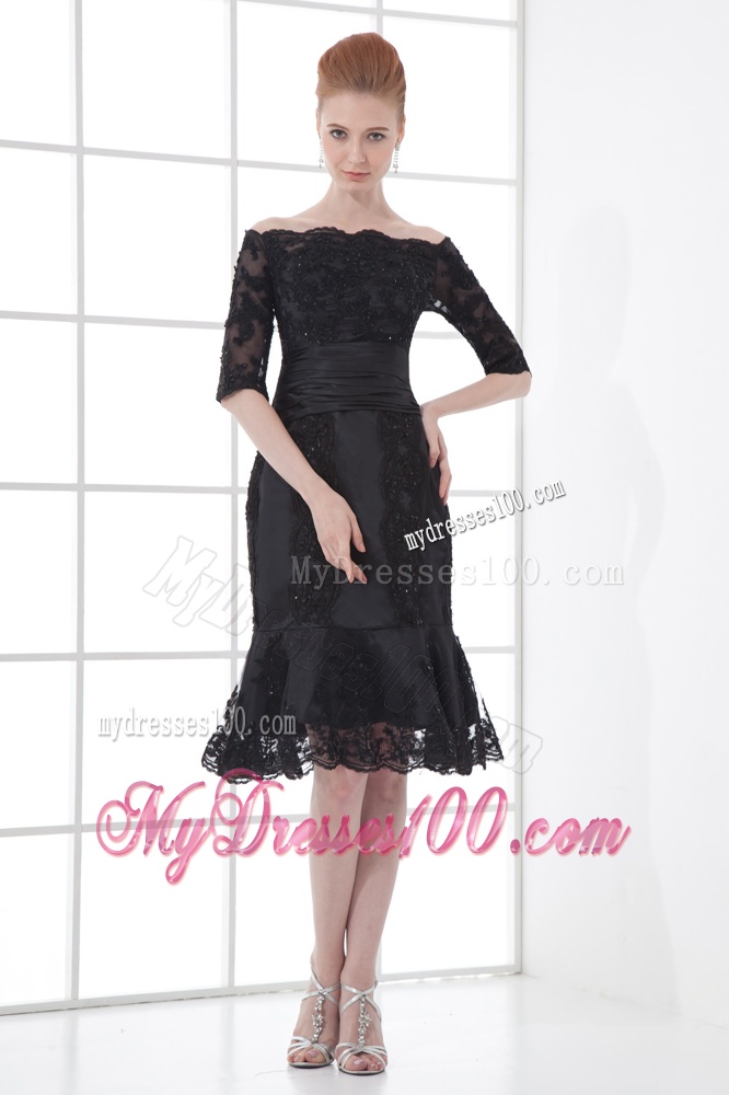 Black Mermaid Off The Shoulder Ruching Appliques Half Sleeves Evening Dress