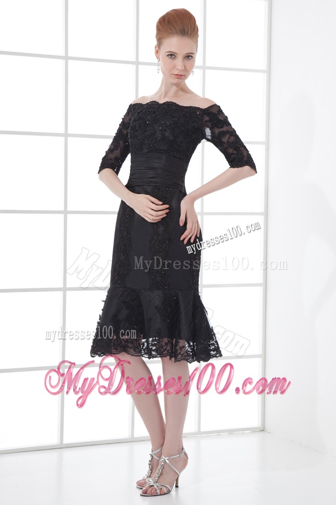 Black Mermaid Off The Shoulder Ruching Appliques Half Sleeves Evening Dress