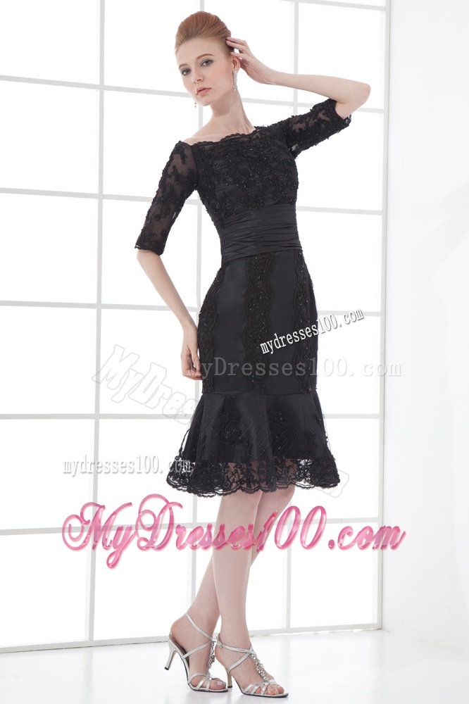 Black Mermaid Off The Shoulder Ruching Appliques Half Sleeves Evening Dress