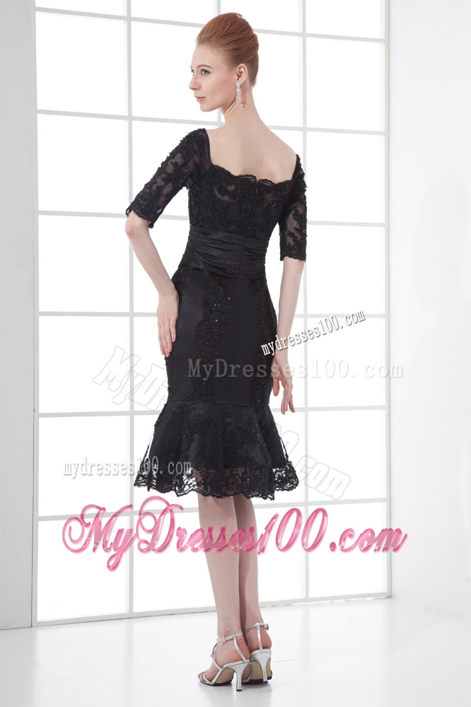 Black Mermaid Off The Shoulder Ruching Appliques Half Sleeves Evening Dress