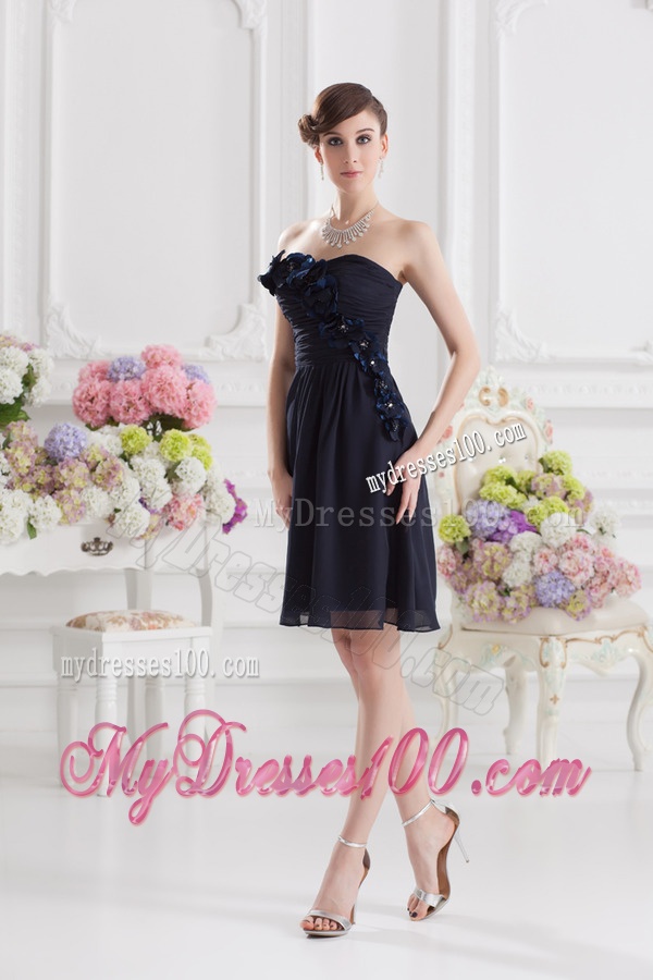 Black Sweetheart Evening Dress with Ruching and Handle Made Flowers