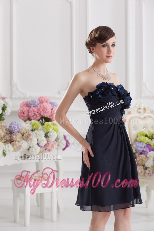 Black Sweetheart Evening Dress with Ruching and Handle Made Flowers