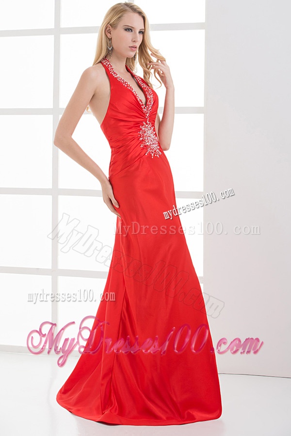 Column Halter Top Floor-length Beading Chiffon Red Evening Dress