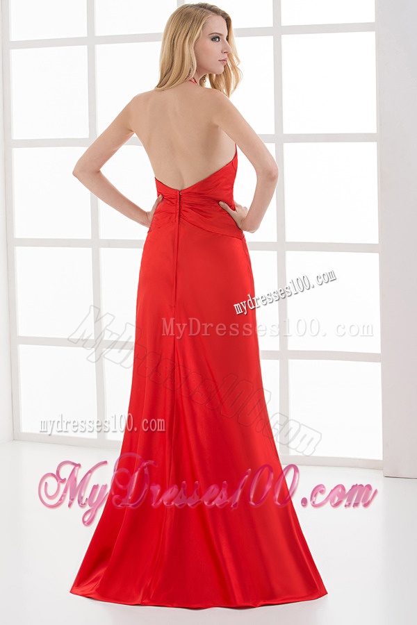 Column Halter Top Floor-length Beading Chiffon Red Evening Dress