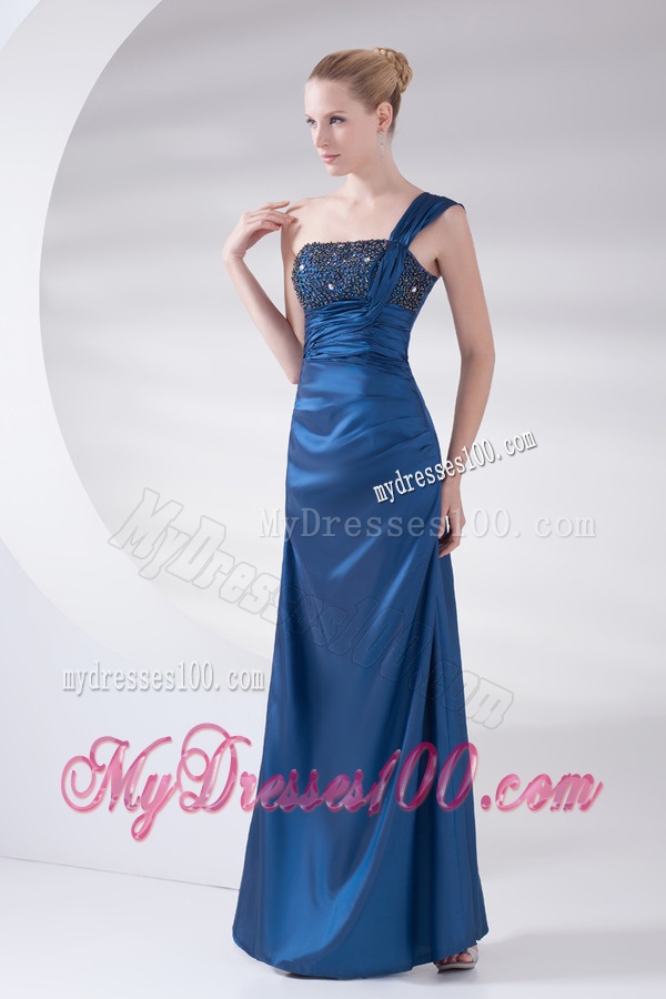 Column Navy Blue Beading and Ruching Taffeta Evening Dress