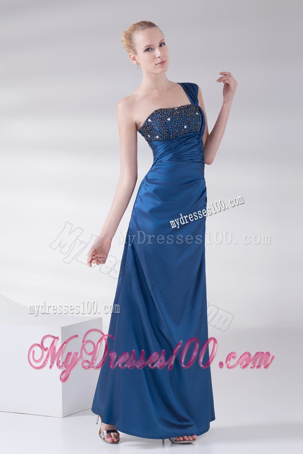 Column Navy Blue Beading and Ruching Taffeta Evening Dress