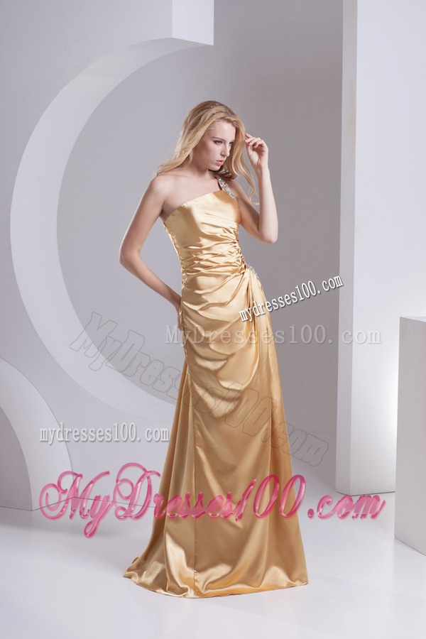 Column One Shoulder Taffeta Beading Ruching Gold Evening Dress