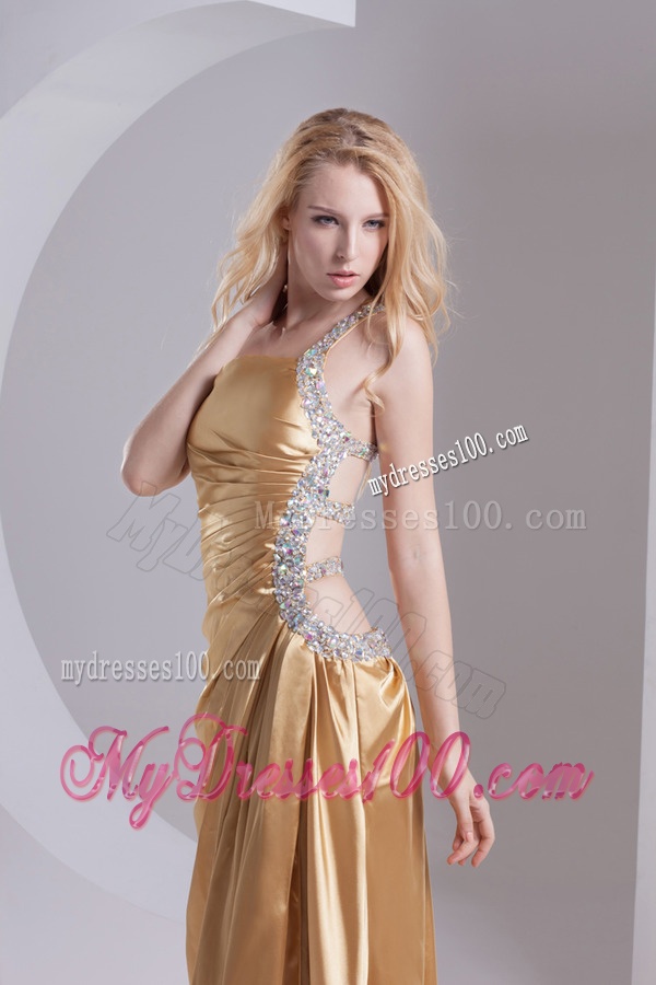 Column One Shoulder Taffeta Beading Ruching Gold Evening Dress
