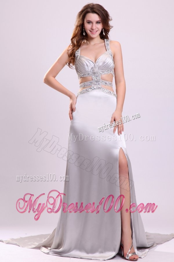 Column Straps Beading Ruching Satin High Slit Gray Evening Dress